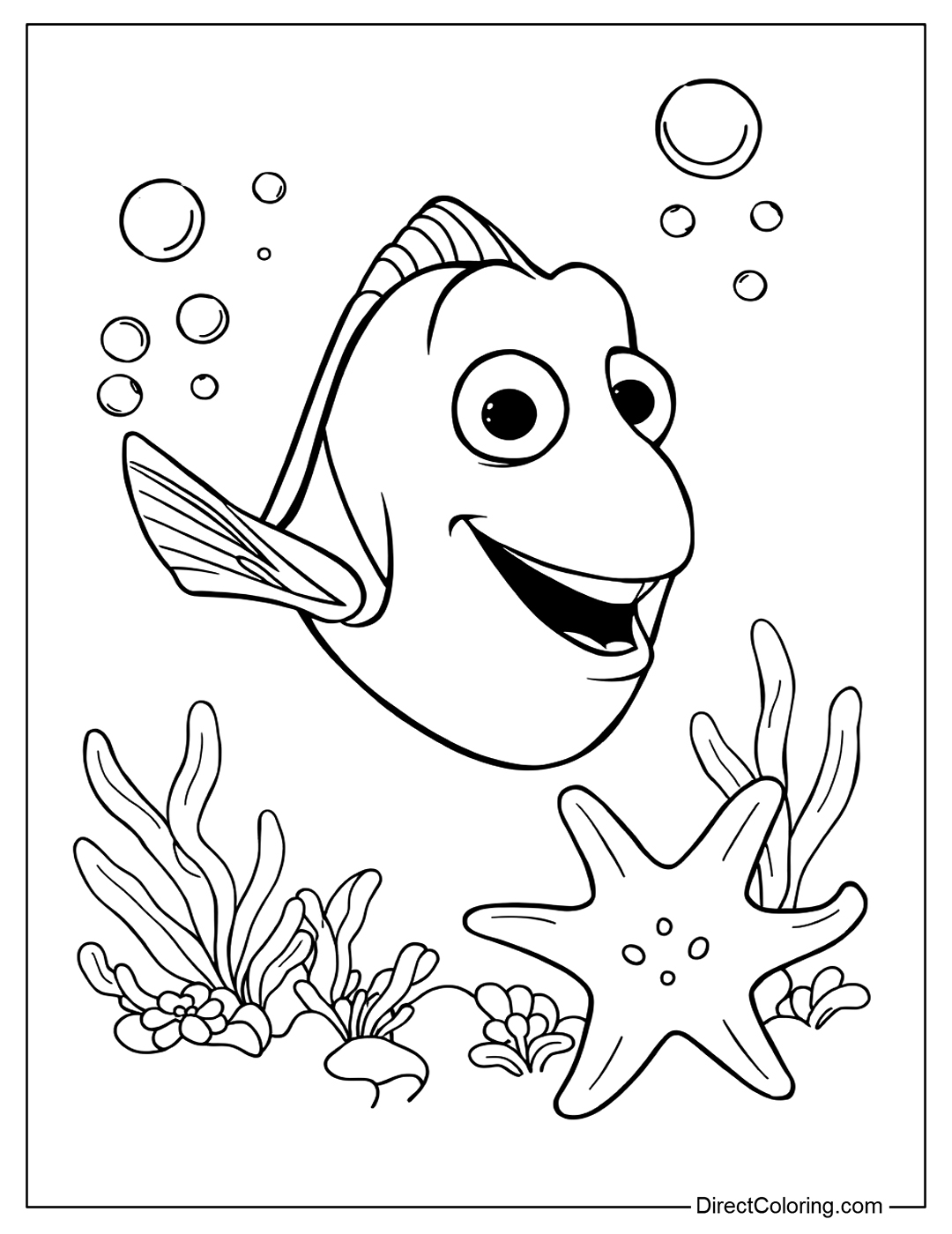 Dory Coloring Page with Water Bubbles and Starfish Coloring Page